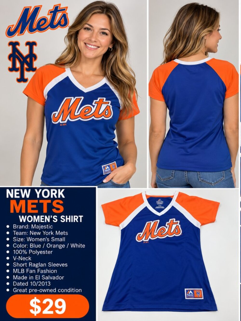 Majestic New York Mets Women’s Small MLB Baseball Jersey Shirt Blue Orange